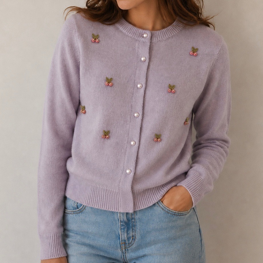 Cute Lavender Lilac Cardigan Sweater Women's M Pearl Button Cottagecore Coquette